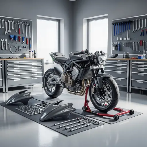 Clean motorcycle workshop interior with organized tools, sport bike partially disassembled, bright natural lighting, focus on durability and precision, realistic high resolution photography
