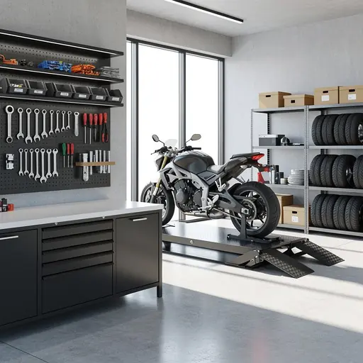 Modern motorcycle garage interior with a clean workbench, motorcycle on a lift, neatly arranged spare parts and tools, bright natural light, minimalist aesthetic, realistic high resolution photo
