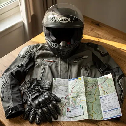 Motorcycle safety gear laid out on a table, helmet, gloves, jacket with protection, road map and documents nearby, natural light, realistic high resolution photo
