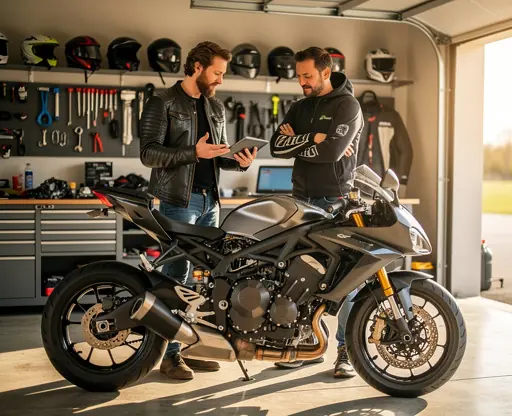 Two motorcycle riders inside a garage discussing performance upgrades, sport bike parked with open fairings, natural light entering through large doors, realistic lifestyle photography, high resolution
