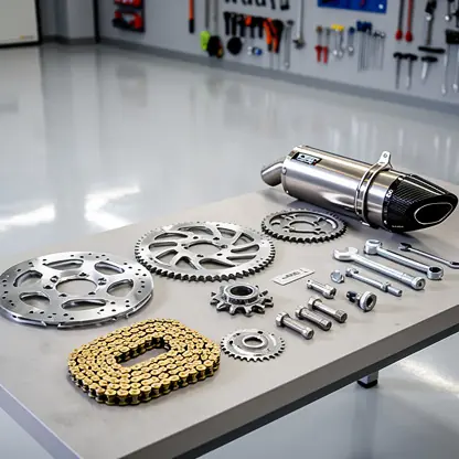 Motorcycle spare parts organized on a workshop table, brake discs, chain kit, performance exhaust, clean modern garage background, realistic high resolution photography

