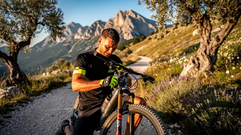 Cycliste ajuste la précharge de sa suspension à Nice pour optimiser ses virages en cols de l’arrière-pays