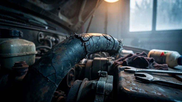 Durite de frein fendue visible dans un moteur négligé, illustrant l’ignorance prolongée par flemme