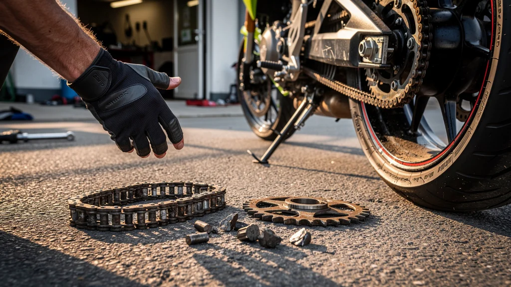Chaîne de moto bon marché cassée après 5000 km, illustration du kit chaîne à éviter