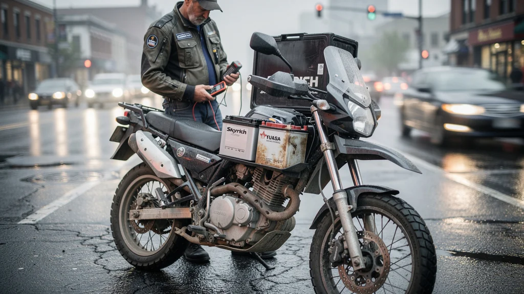 Comparaison réaliste batterie lithium Skyrich et plomb Yuasa après 6 mois sur moto de livraison