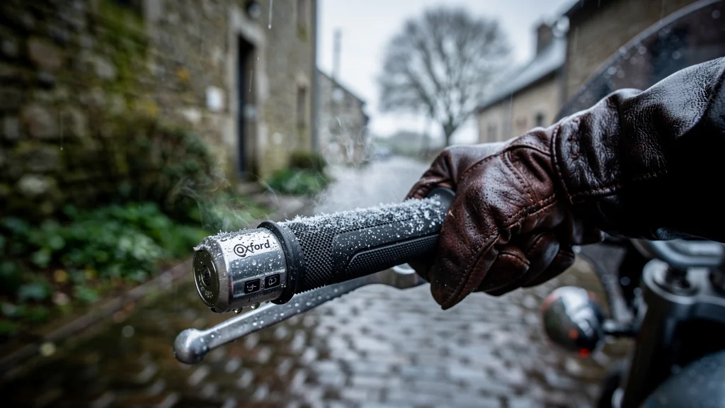Poignées chauffantes Oxford usées après deux hivers bretons sur moto humide en gros plan