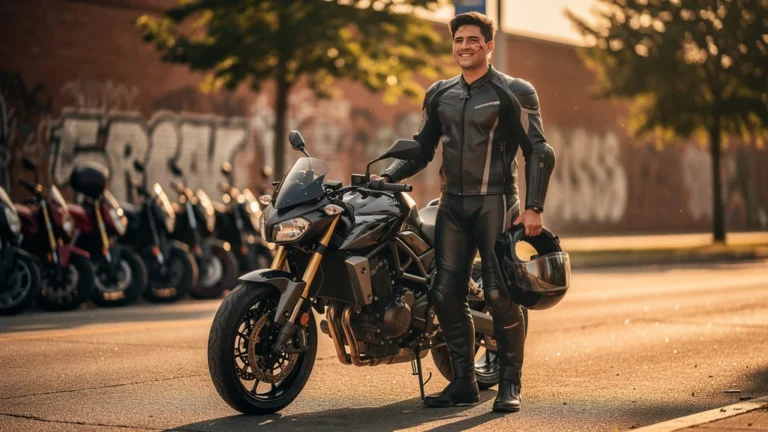 Rider in zip-up two-piece motorcycle suit regaining confidence after a fall, urban street scene