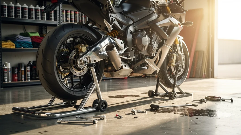 Deux types de béquilles d’atelier testées pour graisser la chaîne de moto en garage réaliste