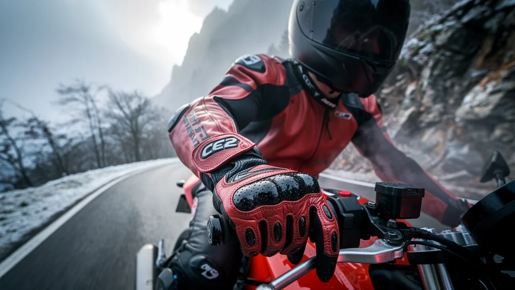 Motard sur route froide avec gants racing CE2, expérience réelle sur route rapide et conditions hivernales