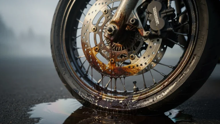 Fuite de joint spi provoquant de l’huile sur le disque avant d’une moto, danger freinage altéré