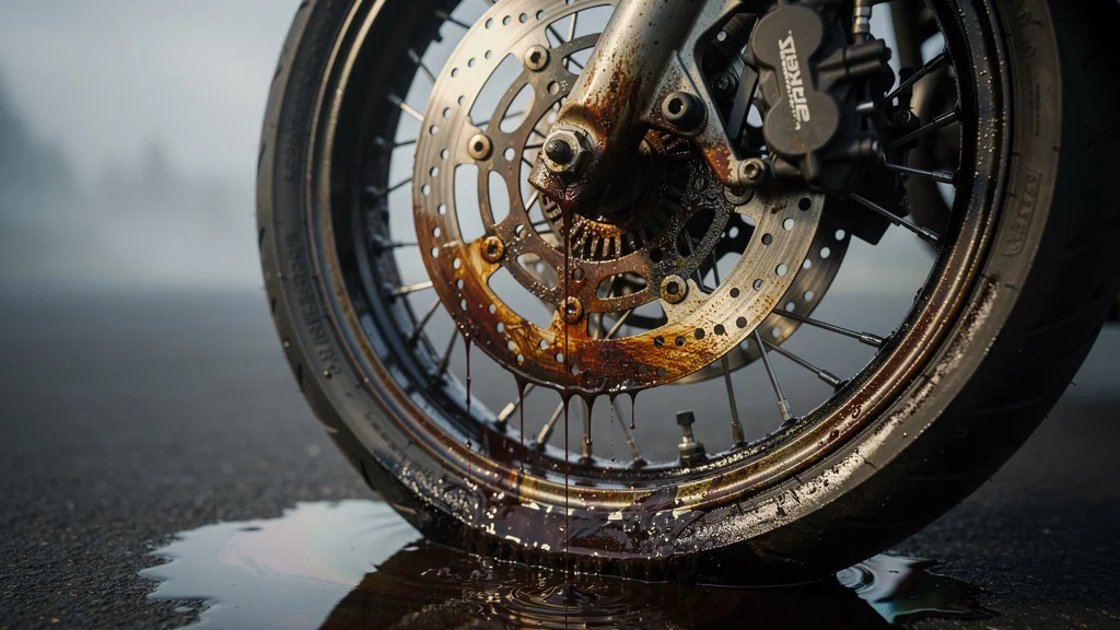 Fuite de joint spi provoquant de l’huile sur le disque avant d’une moto, danger freinage altéré