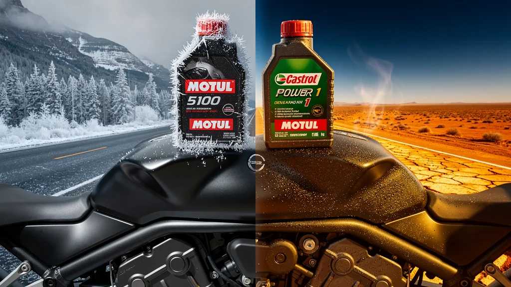 Comparaison ultra-réaliste Motul 5100 et Castrol Power 1 sur Honda, froid glacial et chaleur intense