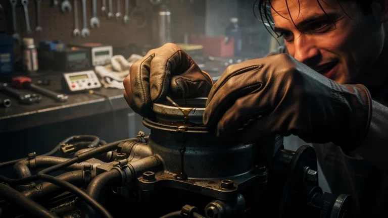 Découverte hyper-réaliste d'une fuite d'huile au joint spy, moteur et mains du mécanicien détaillés