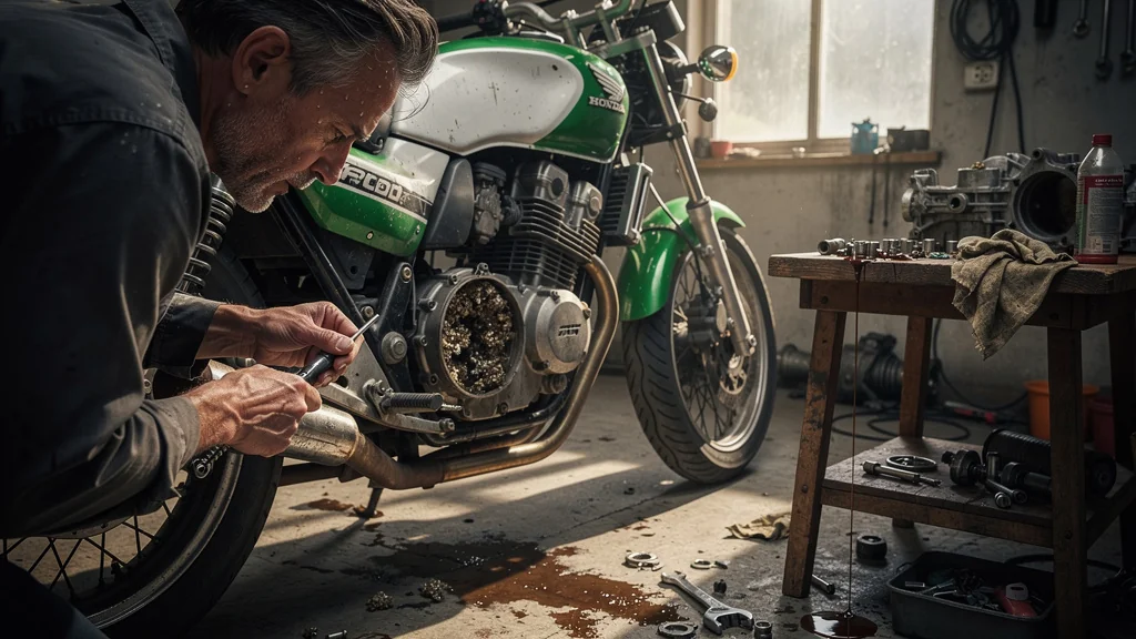 Mécanicien en difficulté remplaçant le filtre à air cristallisé sur une Honda CB 500 de 2003