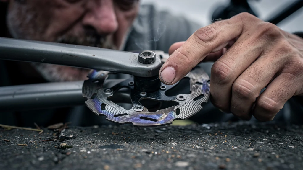 Gros plan sur disque de frein arrière voilé avec main et fumée légère, révélant un bruit suspect et odeur de brûlé