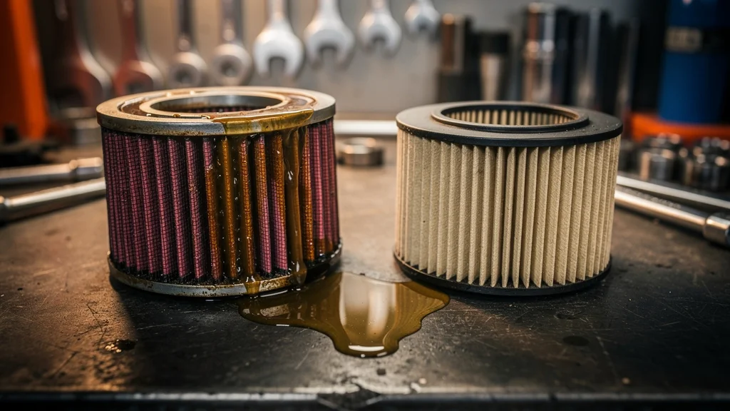 Comparaison hyper-réaliste filtre à air K&N lavable et filtre papier Honda après 20 000 km avec dépôt huileux