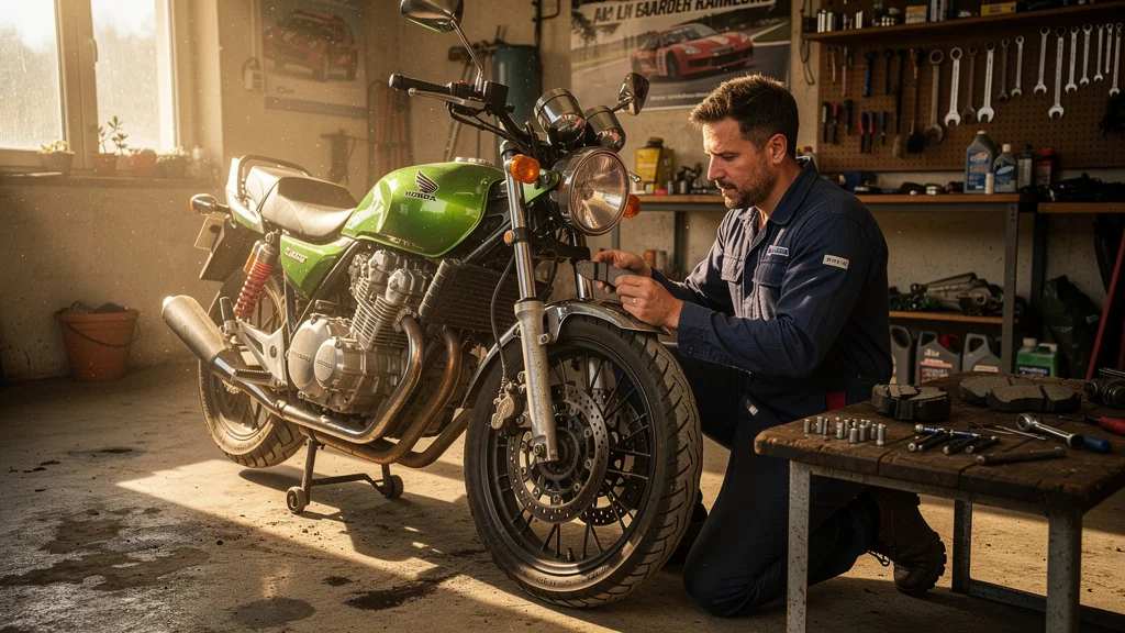 Homme changeant les plaquettes de frein de sa Honda CB 500 dans un garage à Rennes en lumière naturelle