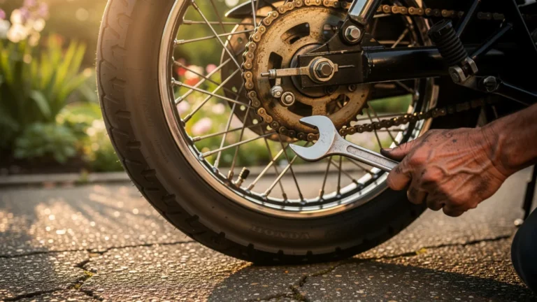 Vue hyper-réaliste du kit chaîne DID sur la roue arrière d'une CB 500 après 3 ans d'usage