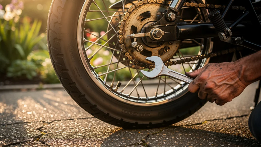 Vue hyper-réaliste du kit chaîne DID sur la roue arrière d'une CB 500 après 3 ans d'usage