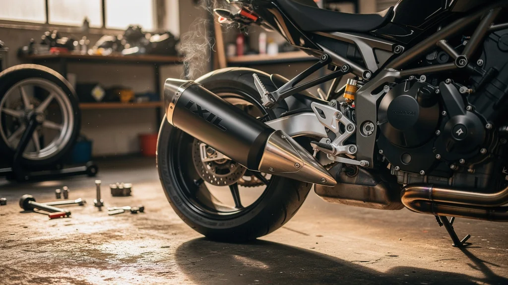 Le pot Ixil Hyperlow monté sur moto remplaçant le pot d'origine, vue détaillée et réaliste