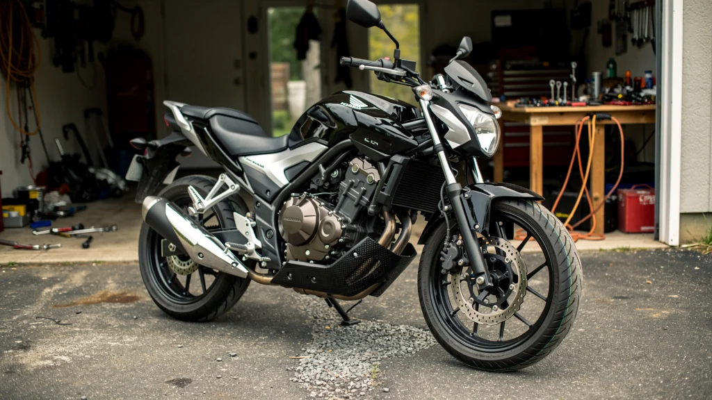 Honda CB 500 avec sabot moteur Ermax installé depuis 18 mois, montrant usage et bricolages