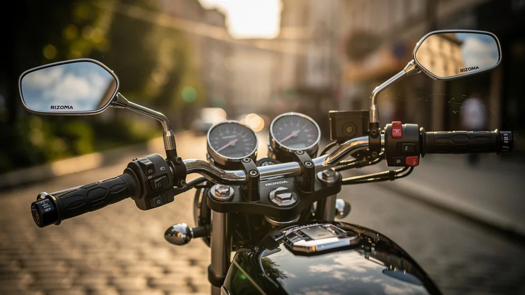 Gros plan réaliste des rétroviseurs Rizoma en bout de guidon montés sur une moto Honda CB