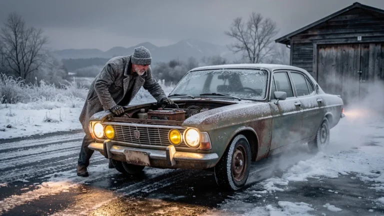 Homme tentant un démarrage manuel d’une voiture en hiver avec batterie sous-dimensionnée