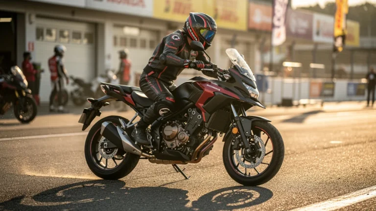 Photo ultra-réaliste d’une première journée piste CB500X, béquille touchant l’asphalte en préparation