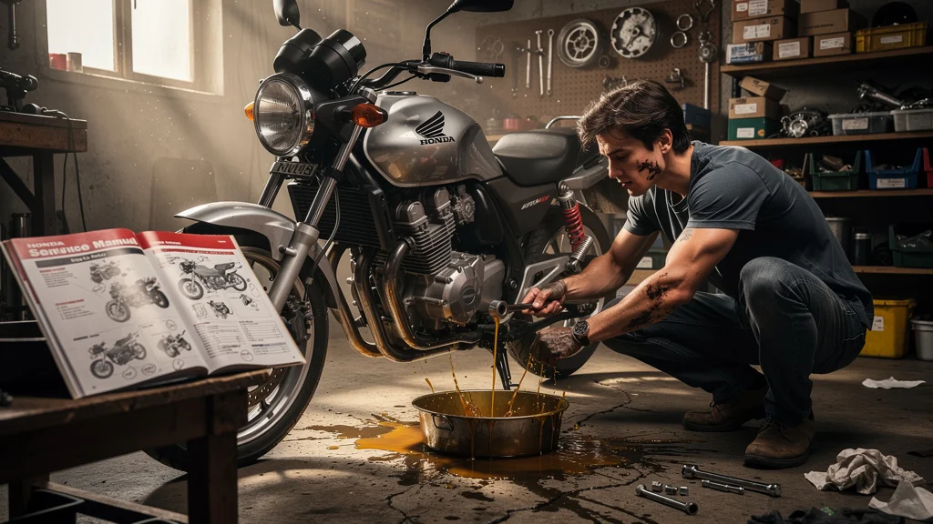 Première vidange complète Honda faite seul, manuel ouvert, huile débordante et bouchon coincé en garage