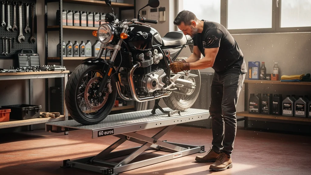 Avis sur lève-moto central à 60 euros en ligne, garage moderne avec moto en entretien