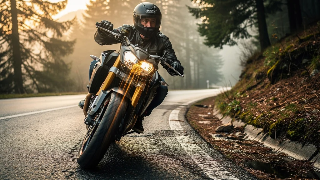 Effet rebond en virage causé par huile de fourche périmée sur moto sportive en virage