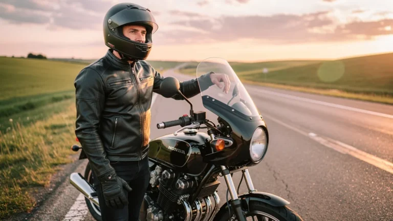 Motorcycle Honda CB with taller windscreen on highway reducing wind noise à 120 km/h