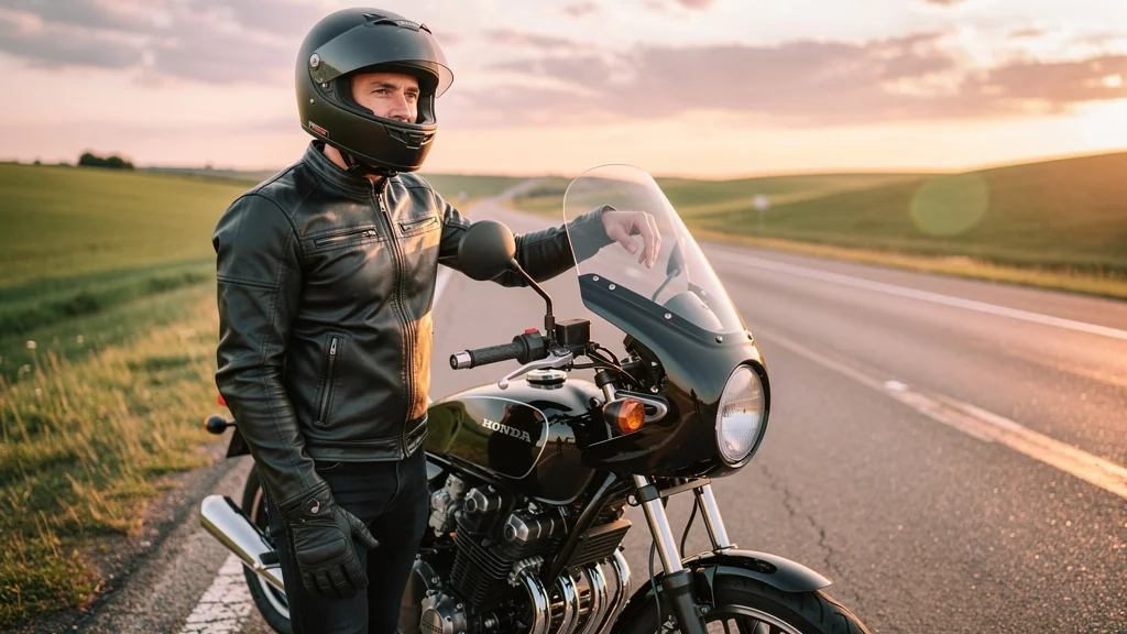 Motorcycle Honda CB with taller windscreen on highway reducing wind noise à 120 km/h