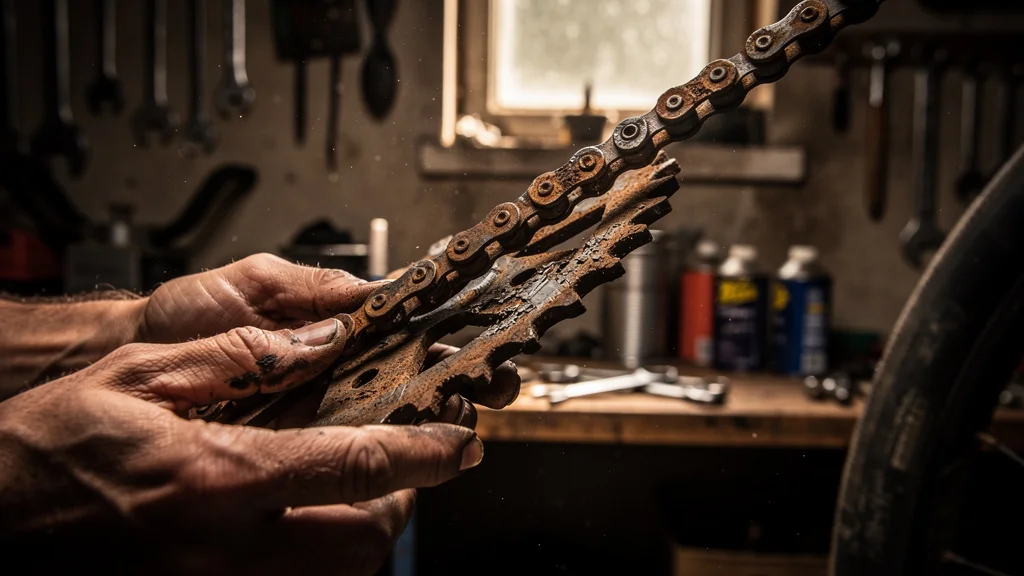 Chaîne de vélo rouillée et pignon cassé après 3 mois sans graissage, illustration d’un dommage mécanique