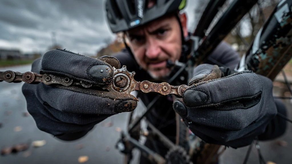 Chaîne de vélo usée et bloquée par manque de graissage après 3000 km, usure irréparable