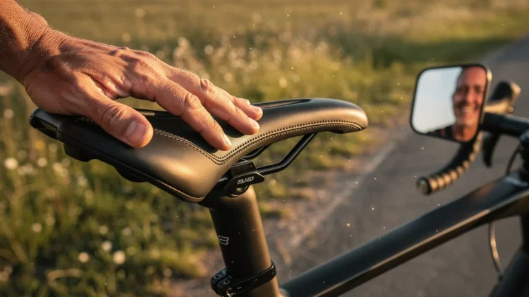 Cycliste avec selle gel monobloc après 5 000 km, confort et performance optimisés à vélo