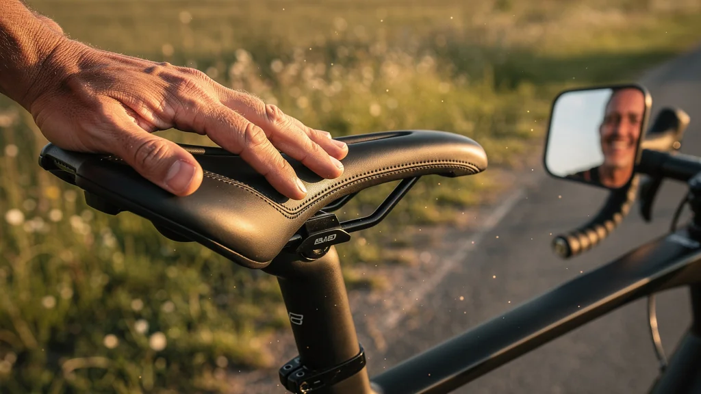 Cycliste avec selle gel monobloc après 5 000 km, confort et performance optimisés à vélo