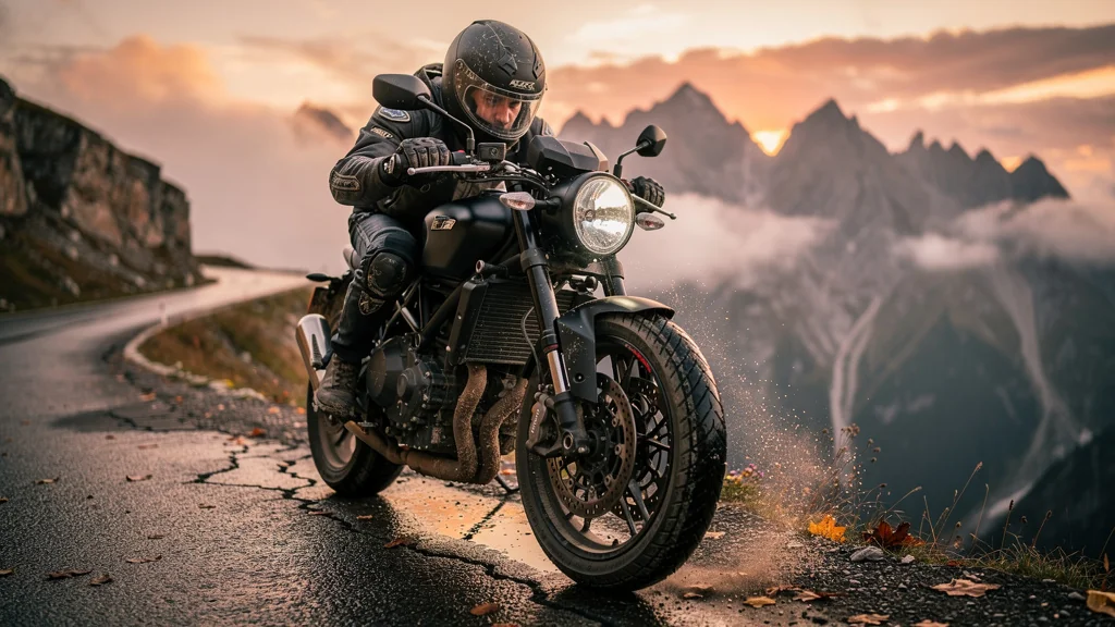Motard au sommet du col avec roadster et plaquettes organiques usées au lever du soleil