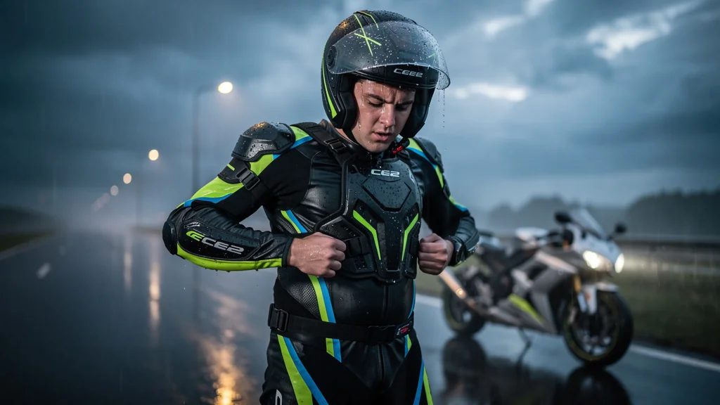 Motard ajustant une protection dorsale CE2 trop courte, scène réaliste illustrant un dilemme essentiel en sécurité moto