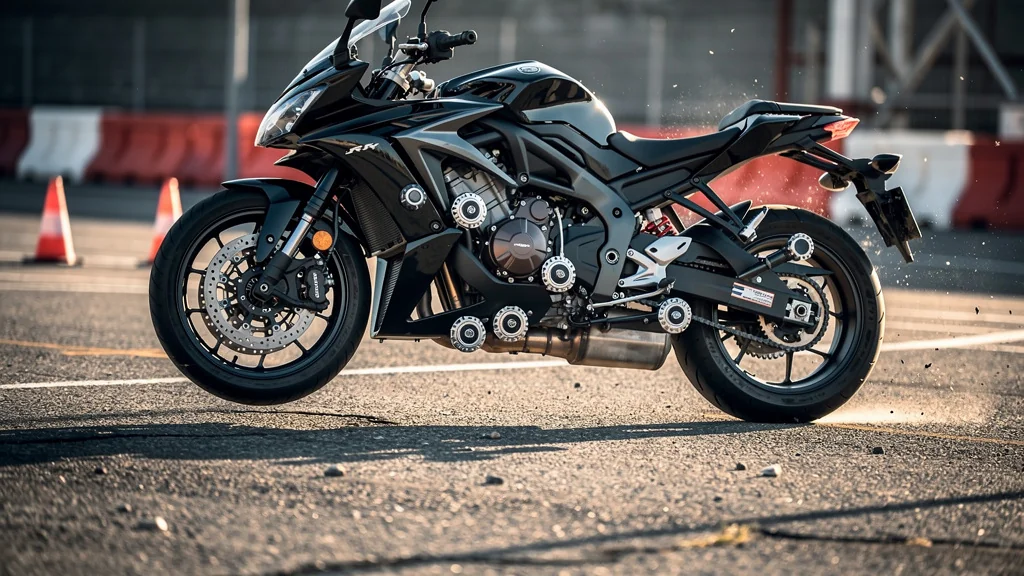 Test simulé de chute basse avec trois protège-cadre sliders comparés sur un moto sportive