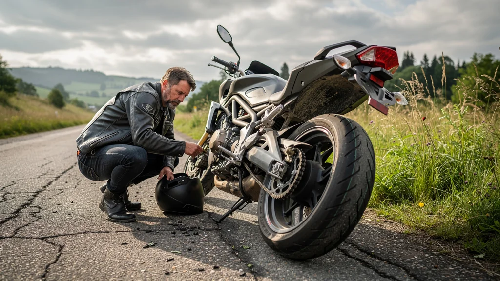 Motocycliste confronté à la rupture du kit chaîne après 25000 km sur une route nationale