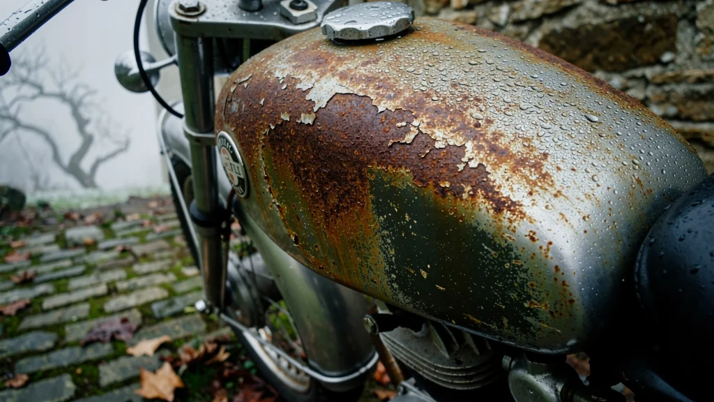 Réservoir de moto rouillé après un hiver breton sans housse, corrosion interne visible et dégradations
