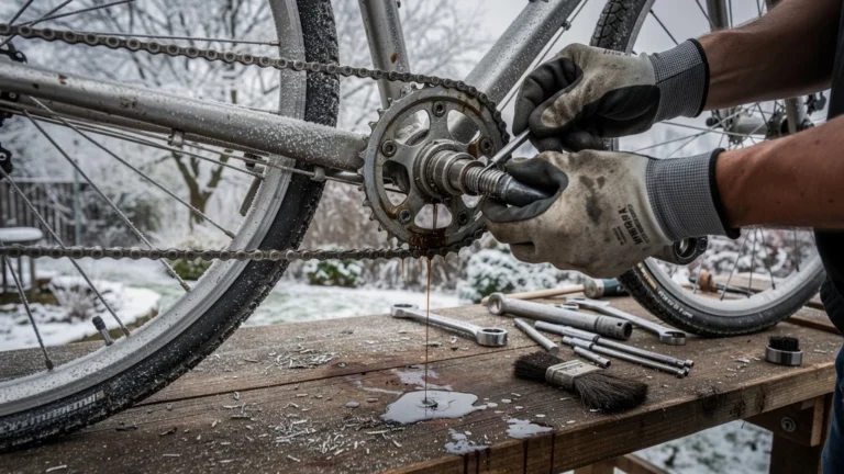 Entretien hivernal détaillé de chaîne et roulements de vélo avec outils et mains gantées