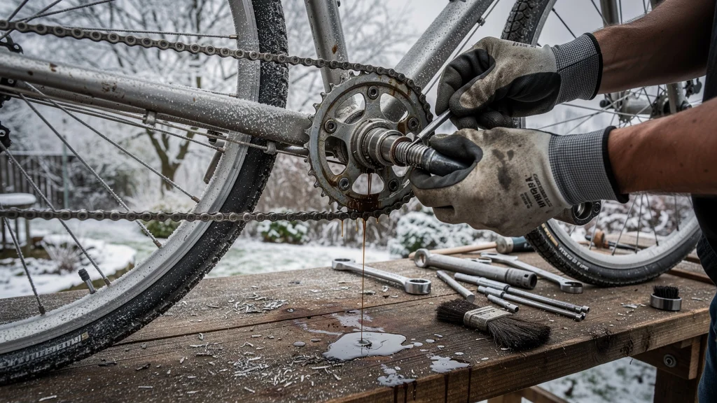 Entretien hivernal détaillé de chaîne et roulements de vélo avec outils et mains gantées
