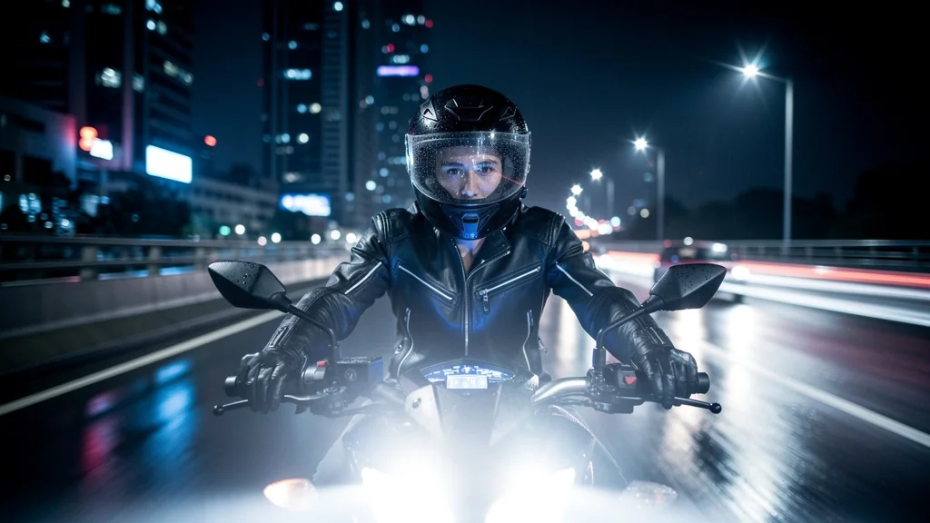 Motard ébloui toute la nuit par une visière claire lors d'une balade urbaine sous la pluie