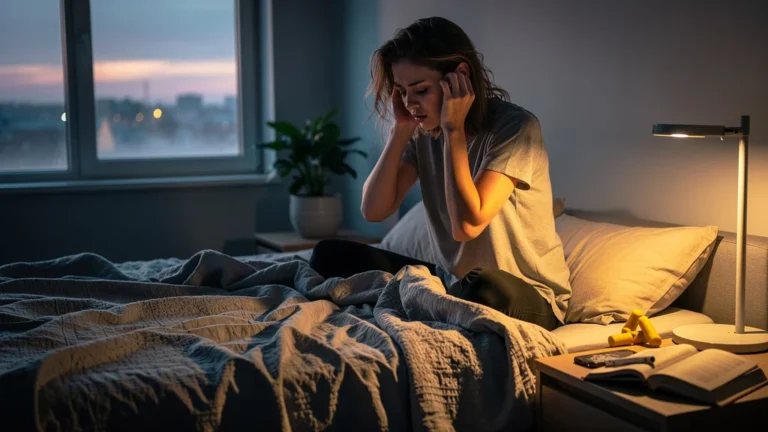 Jeune femme souffrant de sifflements aux oreilles le soir après avoir négligé ses bouchons d'oreille