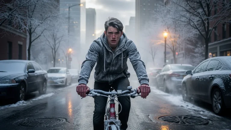 Cycliste en hiver sans manchons, mains rouges et froid intense gâchant les trajets du matin