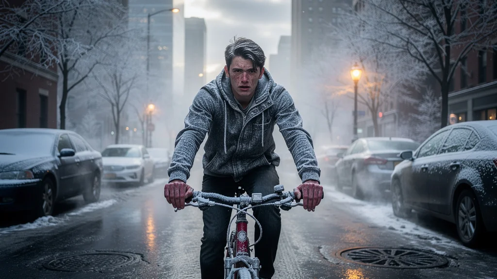 Cycliste en hiver sans manchons, mains rouges et froid intense gâchant les trajets du matin