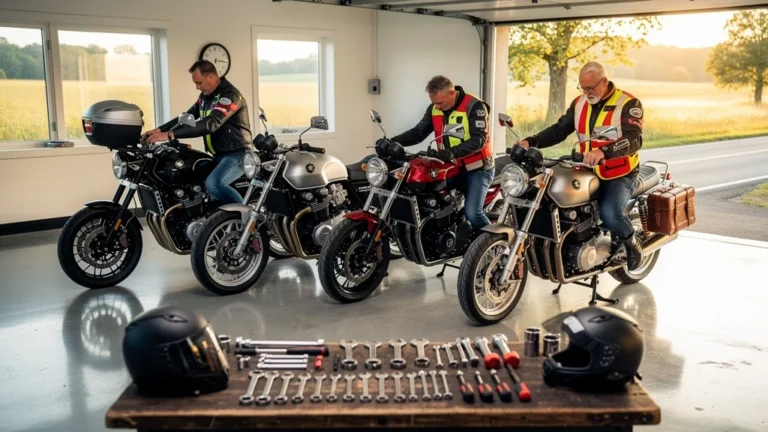 Chronométrage montage top-case et sacoche sur cinq départs moto en garage lumineux