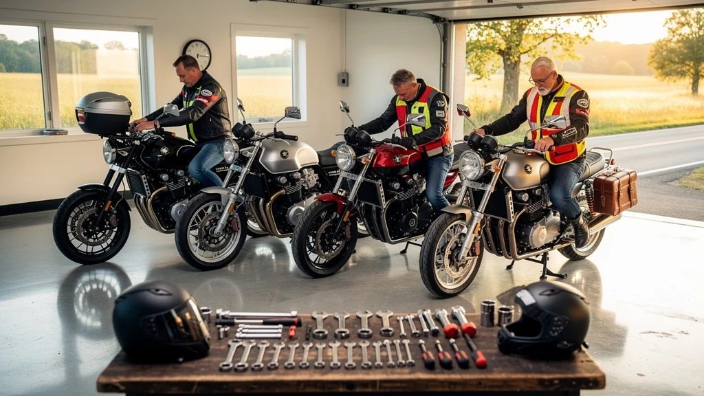 Chronométrage montage top-case et sacoche sur cinq départs moto en garage lumineux